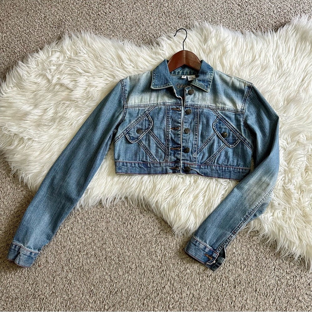 Womens Younique Light Blue Washed Cropped Denim Jean Jacket Size S